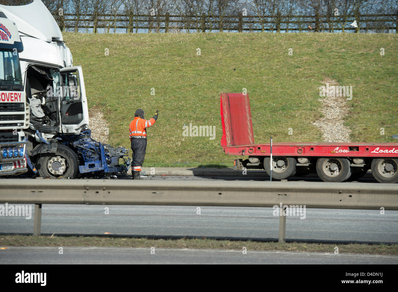A130, Rettendon, Essex. 12th March 2013. About 1115hrs  today, a collision involving two Large Goods Vehicles occurred. Unfortunately the driver of one vehicle died at the scene. Essex Police Serious Collision Unit are investigating the incident.  Credit:  Allsorts Stock Photo / Alamy Live News Stock Photo