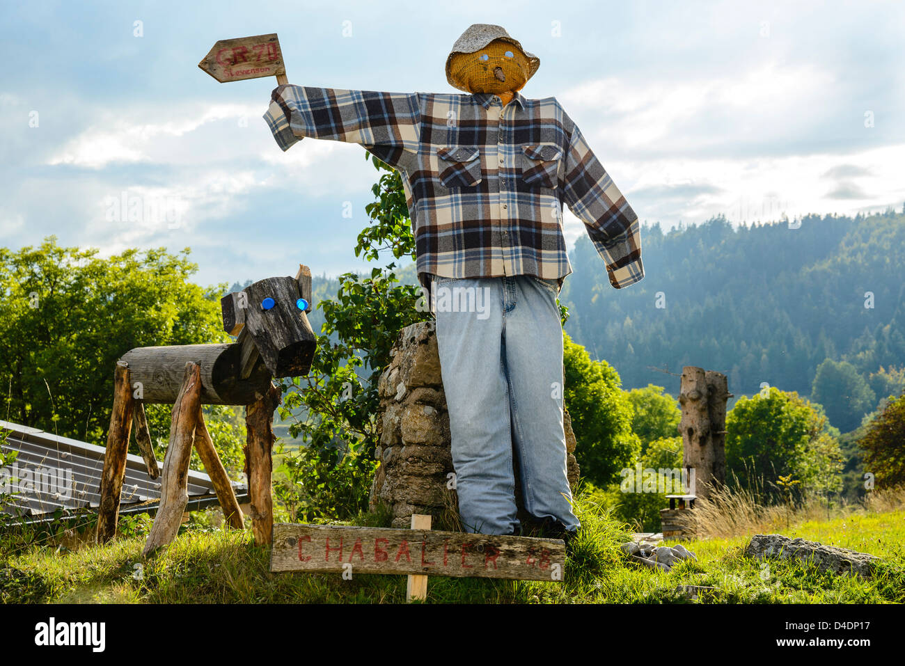 Effigies representing Robert Louis Stevenson and the donkey Modestine at Chabalier on the Robert Louis Stevenson Trail France Stock Photo