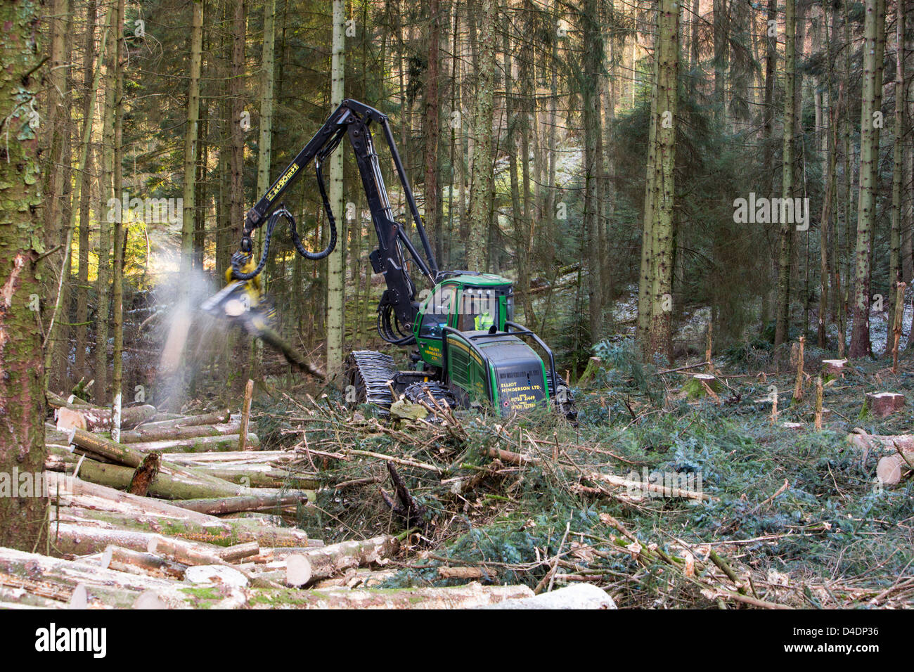 A forwarder, a specialist machine for cutting timber in Grizedale Forest, Lake District, UK, that is to be used as biofuel Stock Photo
