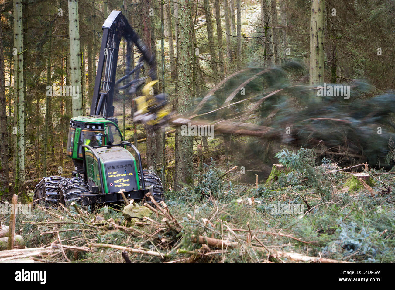 A forwarder, a specialist machine for cutting timber in Grizedale Forest, Lake District, UK, that is to be used as biofuel Stock Photo