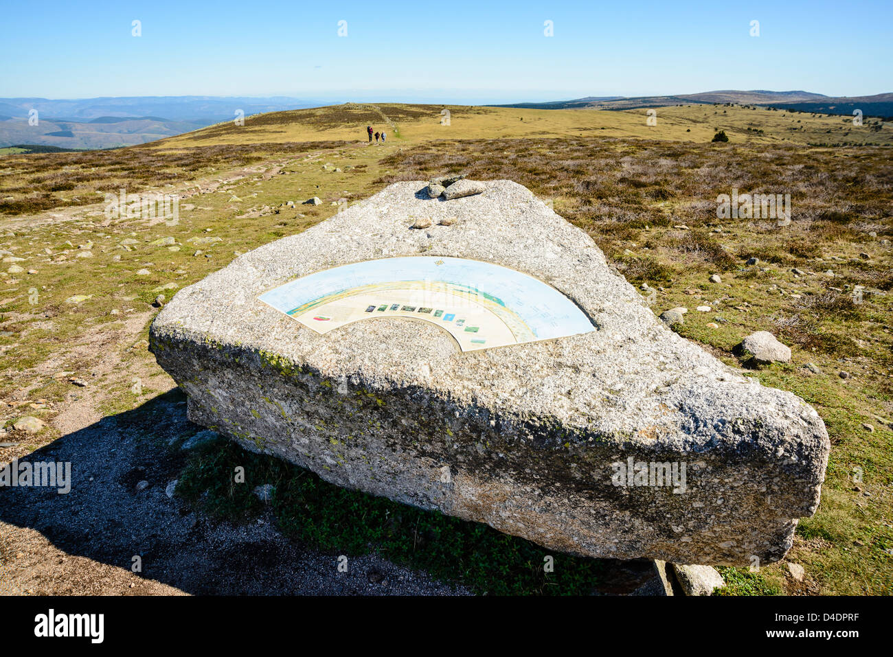 View indicator on granite boulder at the summit Pic de Finiels on Mont Lozère in the Cévennes, Lozère, France Stock Photo