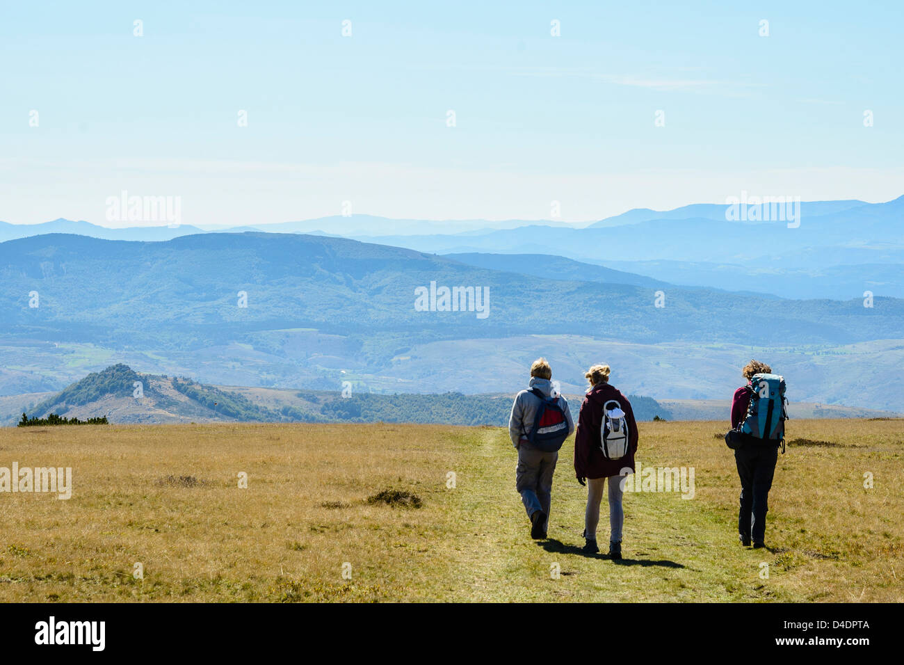 Walkers descending from the summit Pic de Finiels on Mont Lozère in the Cévennes, Lozère, France Stock Photo