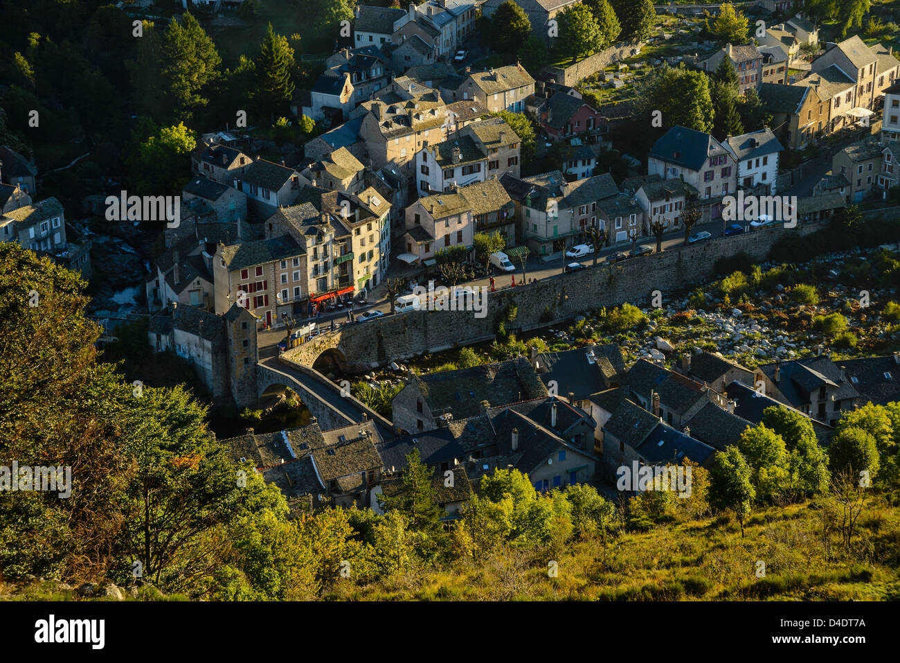 Looking down on le Pont de Montvert on the Robert Louis Stevenson Trail in the Cévennes, Lozère, France Stock Photo