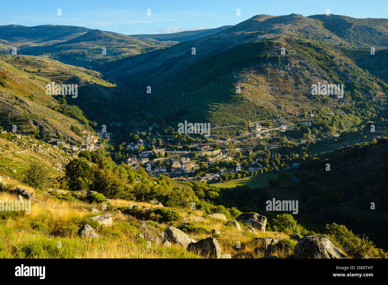 Looking down on le Pont de Montvert on the Robert Louis Stevenson Trail in the Cévennes, Lozère, France Stock Photo