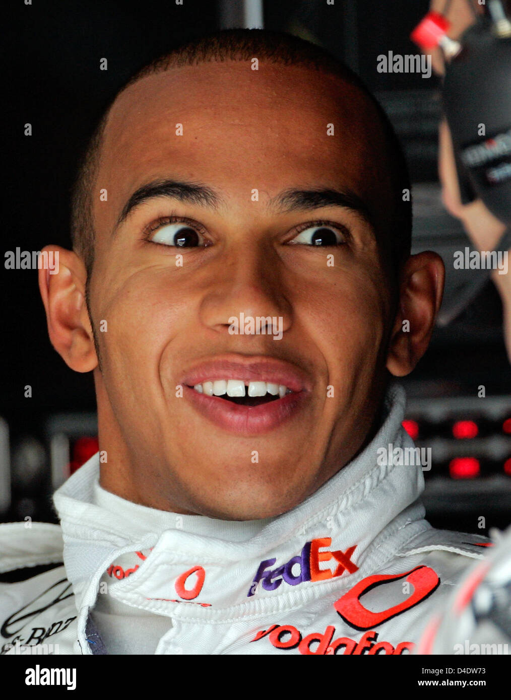 British Formula One driver Lewis Hamilton of McLaren Mercedes smiles during the first practice session at Circuit de Catalunya in Montmelo near Barcelona, Spain, 24 April 2008. The Formula 1 Grand Prix of Spain be held here on 27 April. Photo: Felix Heyder Stock Photo