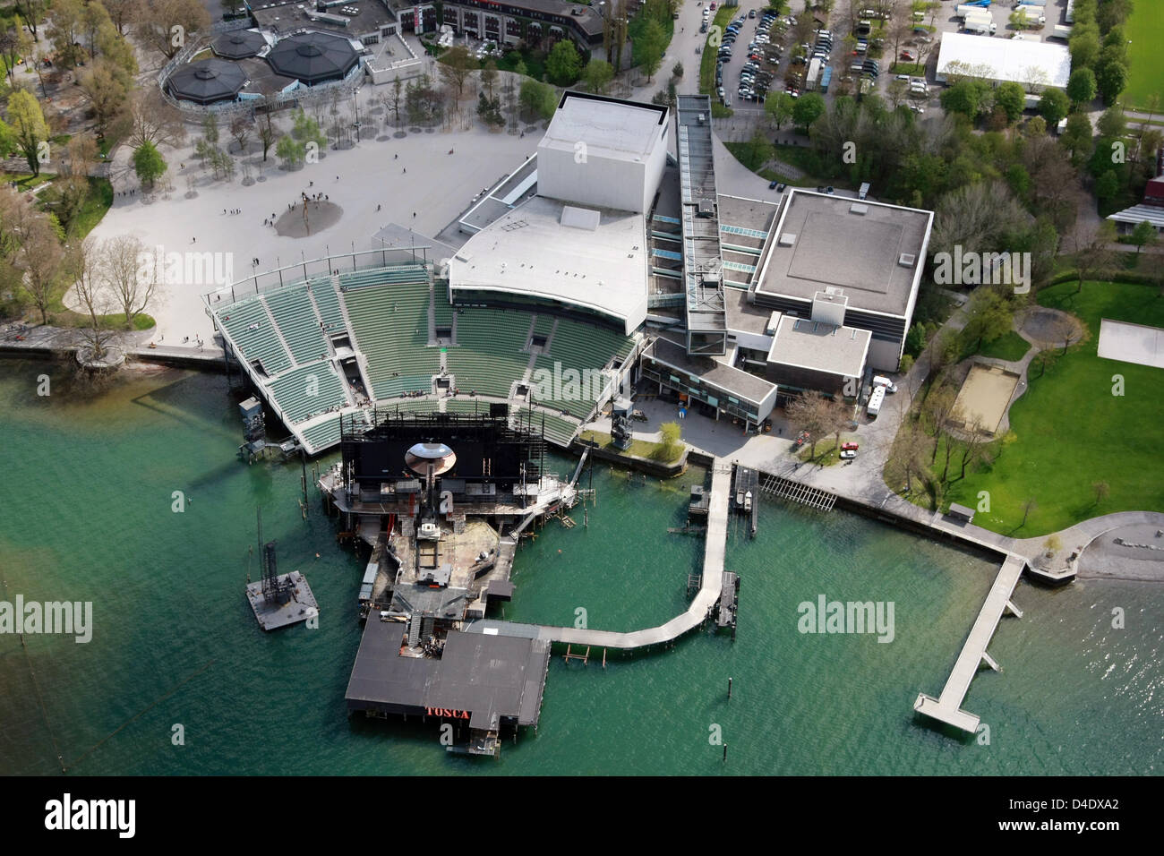 The aerial view from a zeppelin shows the floating stage in Bregenz at Lake Constance, Austria