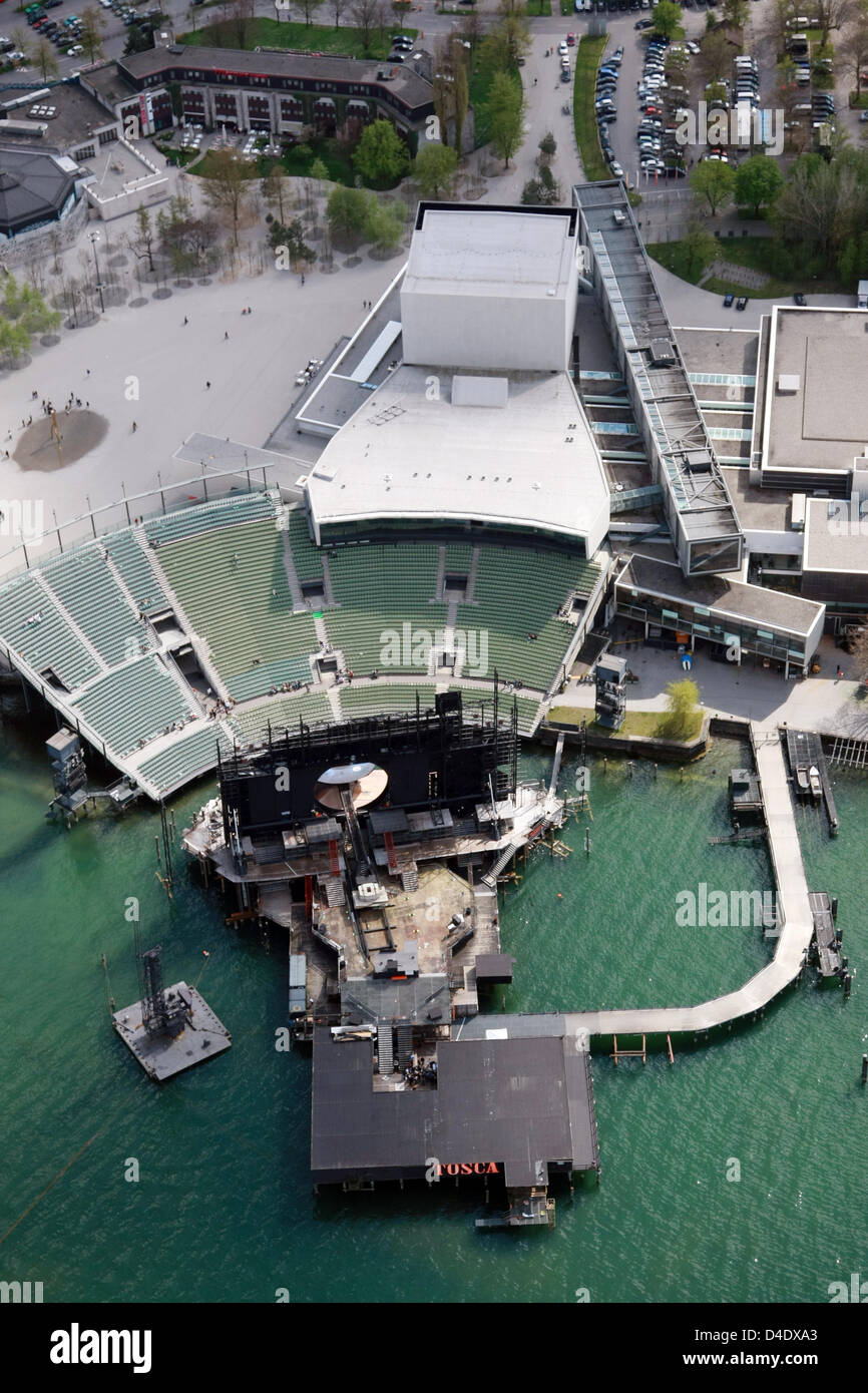 The aerial view from a zeppelin shows the floating stage in Bregenz at Lake Constance, Austria