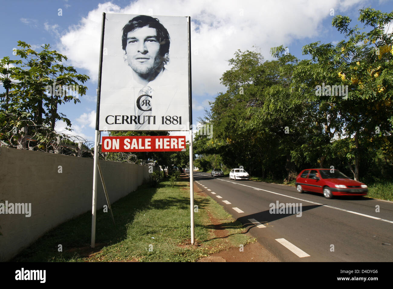 The picture shows a Cerruti advertising board near Triolet, Mauritius, 07 April 2008. Photo: Lars Halbauer Stock Photo