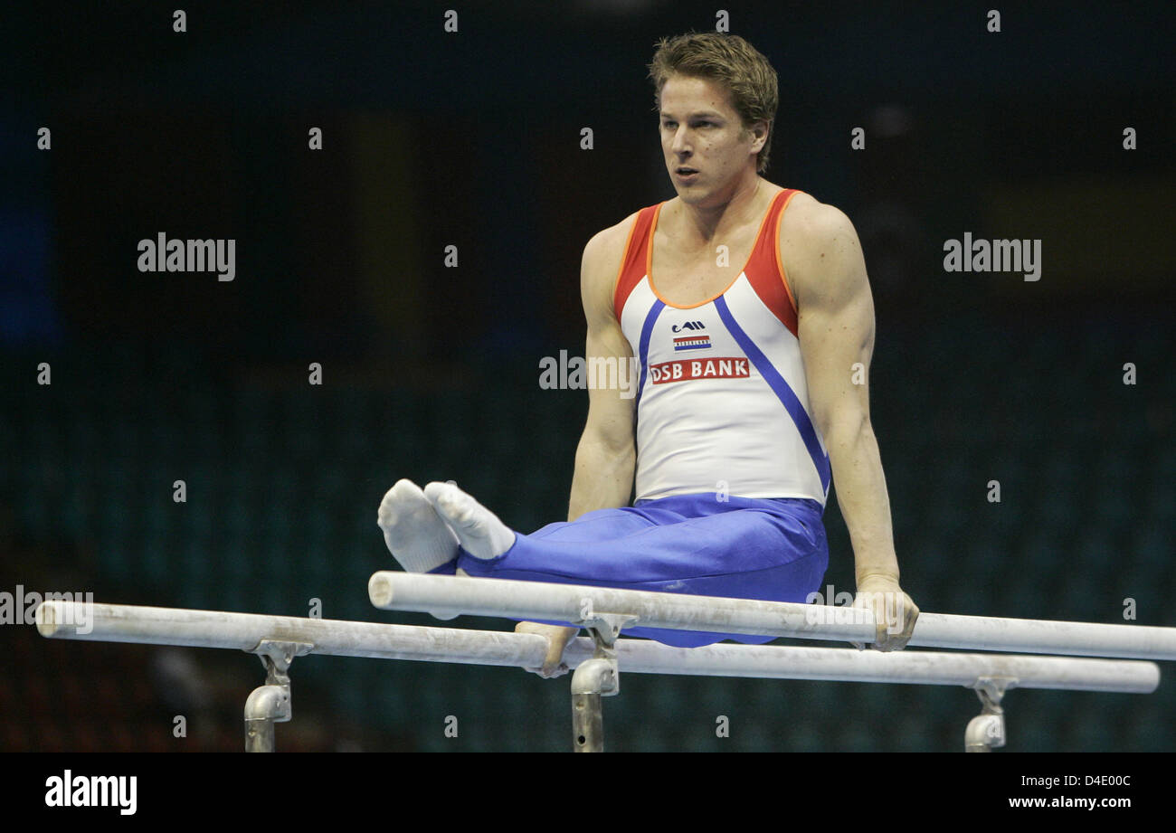 Dutch Herre Zonderland is shown in action on the parallel bars during