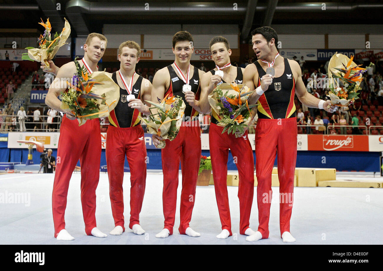 (L-R) Germany's Robert Juckel, Fabian Hambuechen, Philipp Boy, Marcel Nguyen and Robert Weberat pose with their silver medals won in the team finals of the 28th European Men's Artistic Gymnastics Championships in Lausanne, Switzerland, 10 May 2008. Photo: FRANK MAY Stock Photo