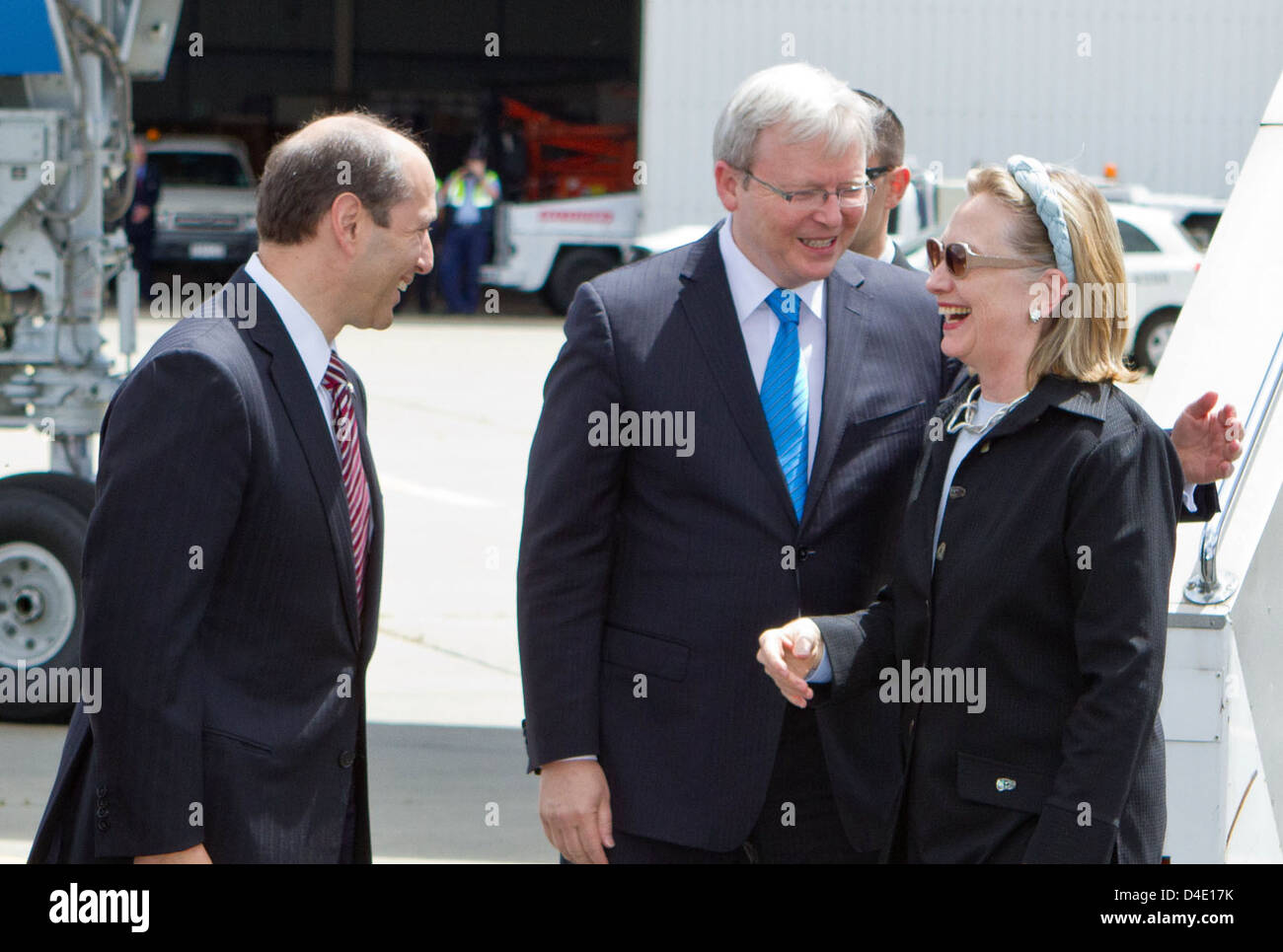 Secretary Clinton Is Greeted By Ambassador Bleich and Australian Foreign Minister Rudd Stock Photo