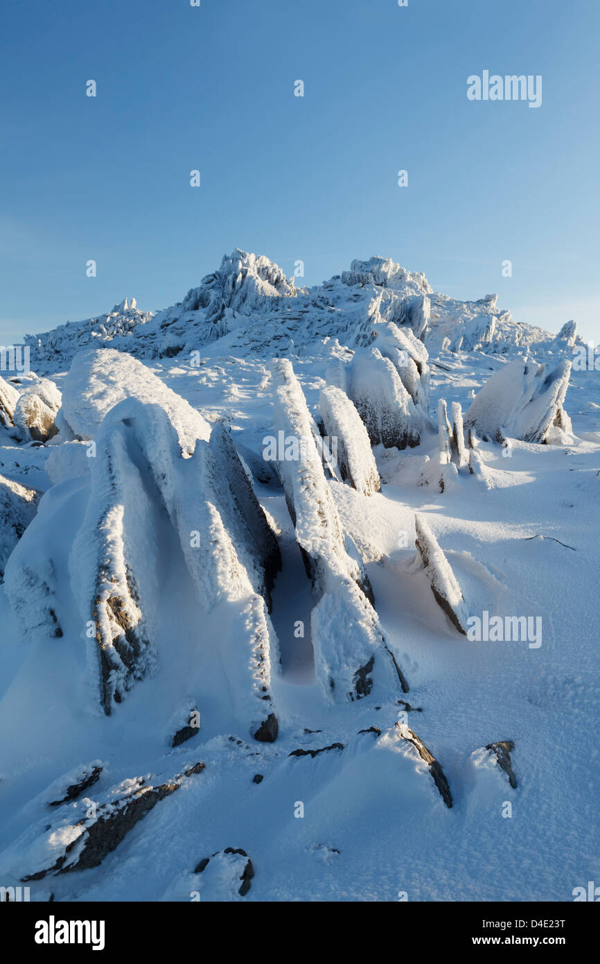 Snow blasted rocks on Glyder Fawr, Snowdonia National Park, North Wales. Stock Photo