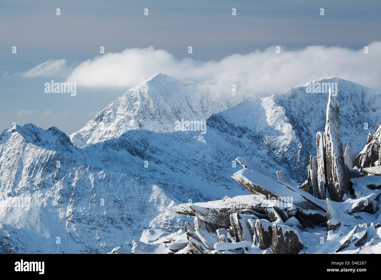 Snowdon and Crib Goch from the Glyderau Range in Winter Stock Photo
