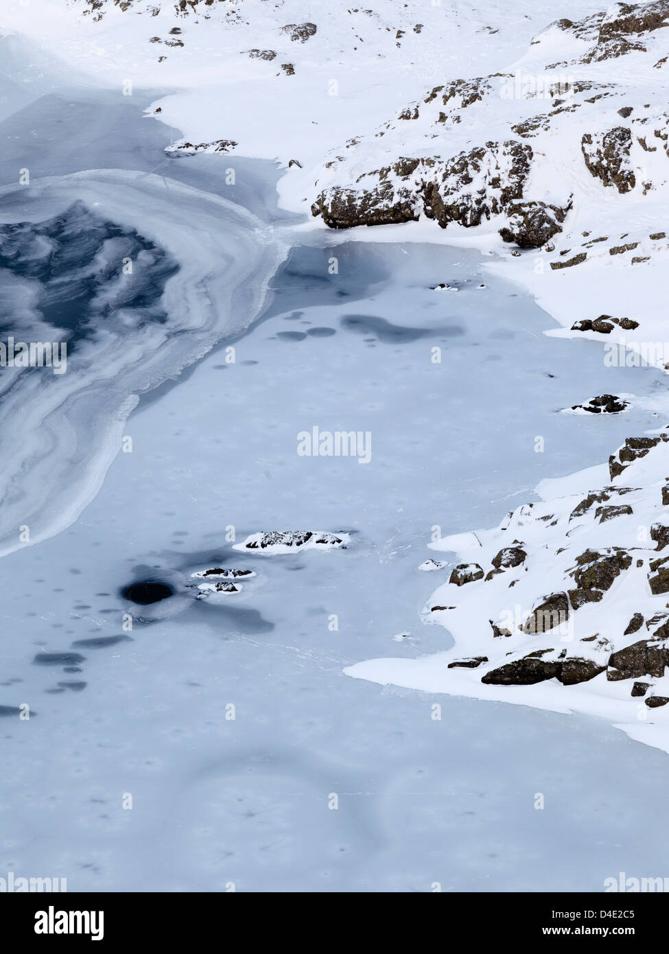 Elevated View of Llyn Cwm frozen and covered in Snow, Glydarau Range, Snowdonia, Wales Stock Photo