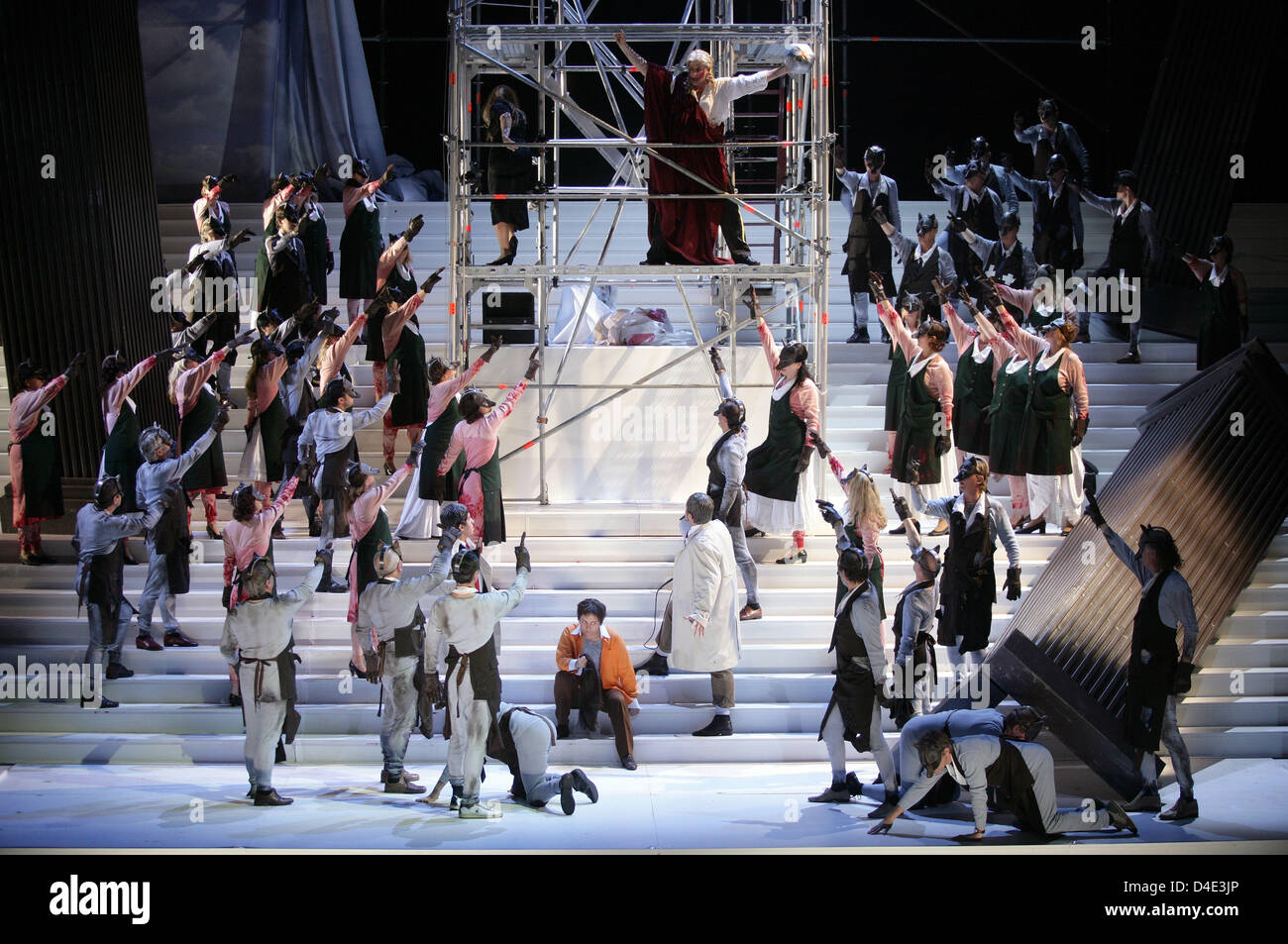 Opera singers and actors of 'Theatre Bremen' rehearse a scene from the fifth act of Richard Wagner's opera 'Rienzi, der letzte der Tribunen' (literally: Rienzi, the last of the tribunes) in Bremen, Germany, 08 October 2008. The opera is directed by Wagner's great-granddaughter Katharina Wagner. The premiere of the opera will take place on Saturday, 11 October 2008 in Bremen. Photo: Stock Photo