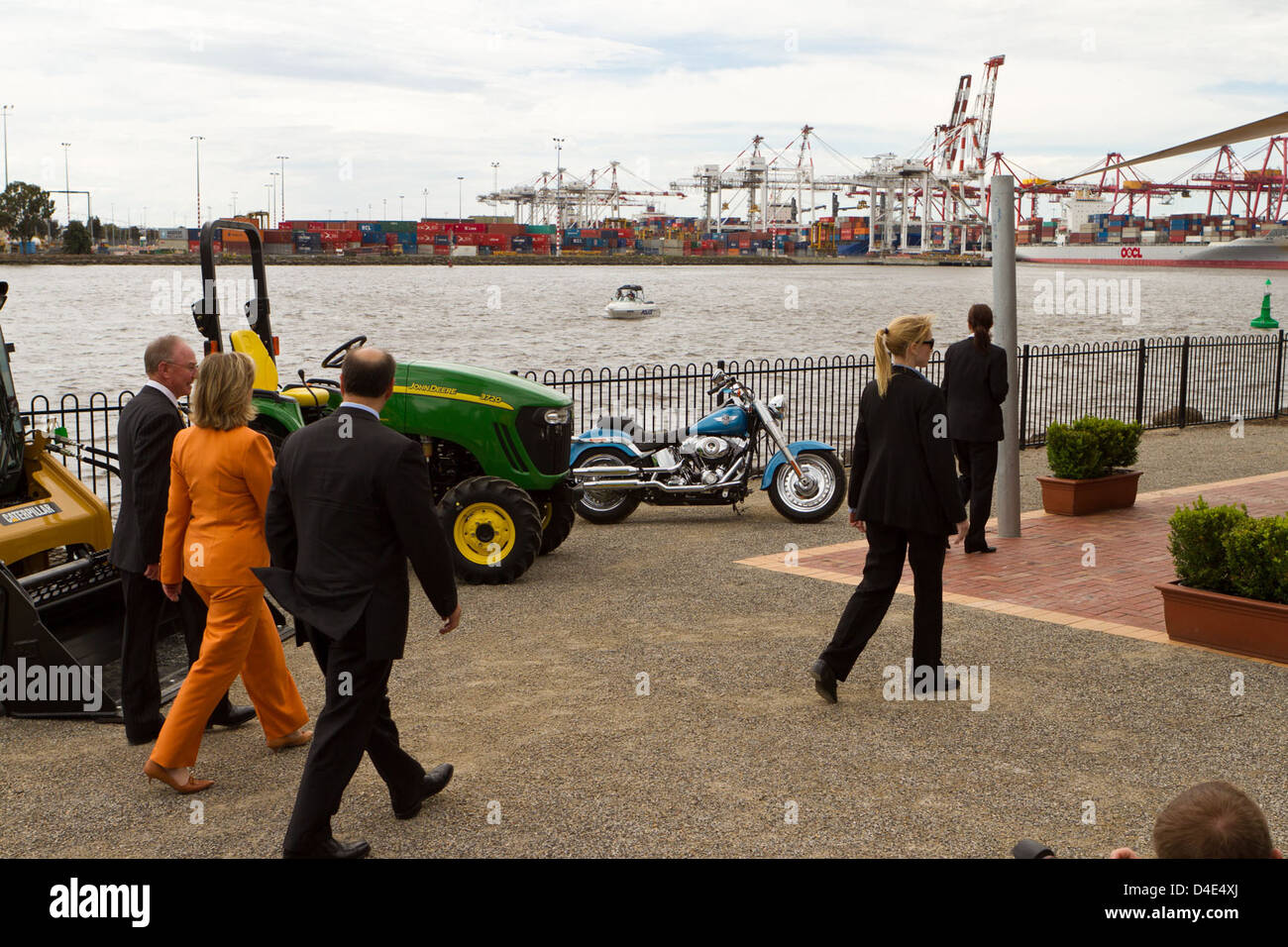 Secretary Clinton and Ambassador Bleich Walk Along the Port of Melbourne Stock Photo