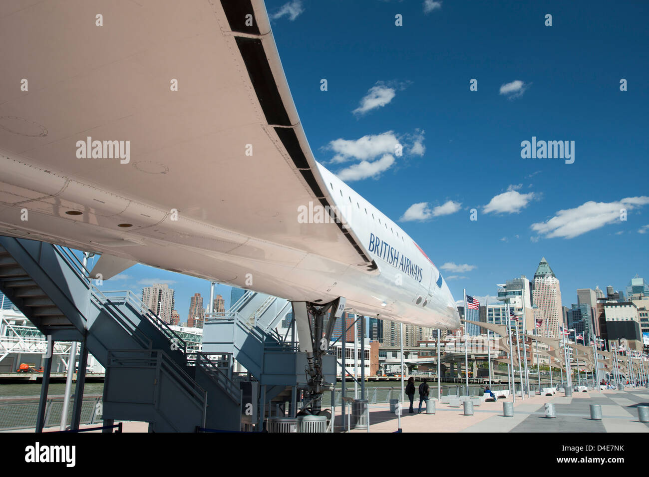 WING OF CONCORDE AIRLINER ON FLIGHT DECK OF INTREPID SEA AIR AND SPACE MUSEUM MANHATTAN NEW YORK CITY USA Stock Photo