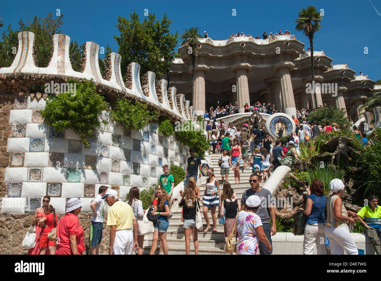 People visiting Gaudi's Parc Guell in Barcelona, Catalunya, Spain, Europe Stock Photo