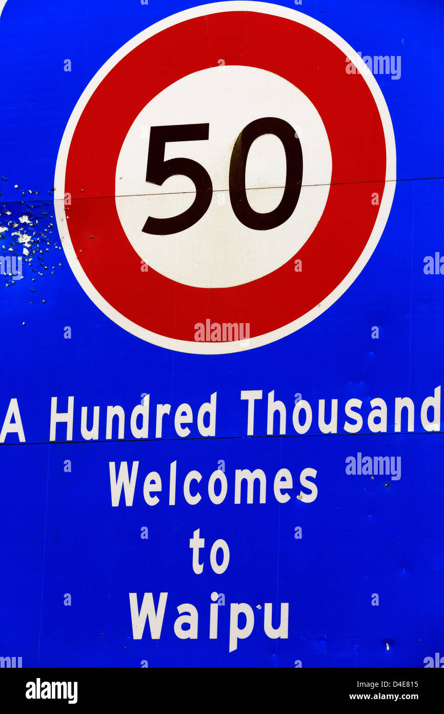 A thousand welcomes to Waipu road and traffic speed sign. Stock Photo