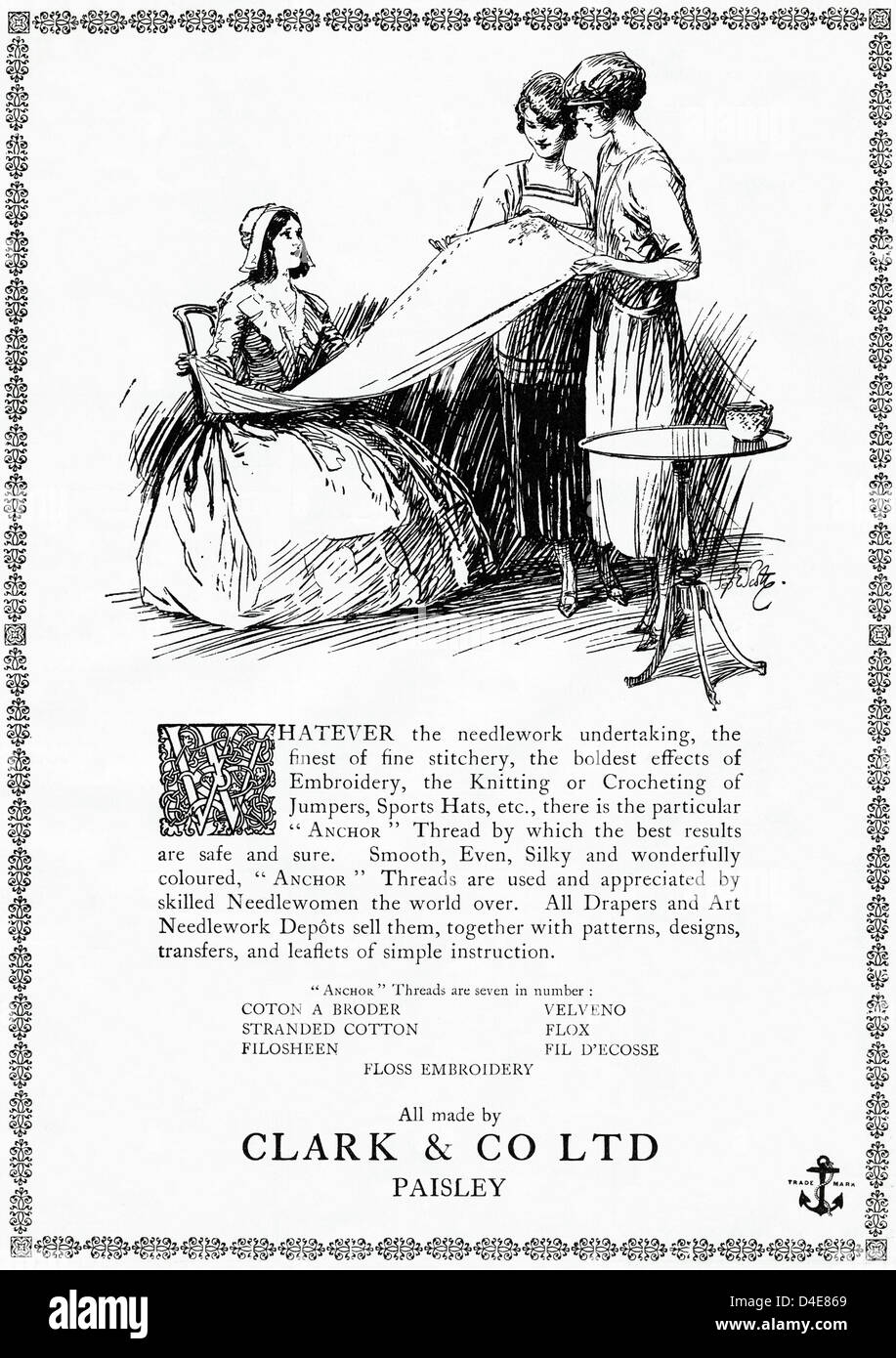 Original 1920s era vintage advertisement print from English magazine advertising CLARK & CO of Paisley Anchor cotton thread Stock Photo