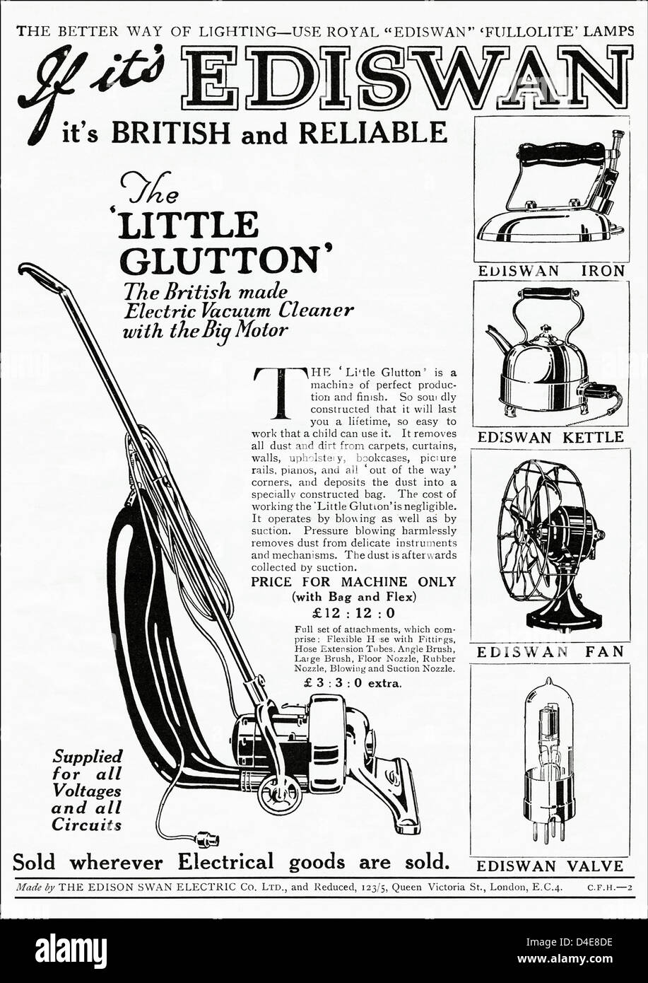 Original 1920s era vintage advertisement print from English magazine advertising EDISWAN electric vacuum cleaner by The Edison Swan Electric Co Ltd Stock Photo