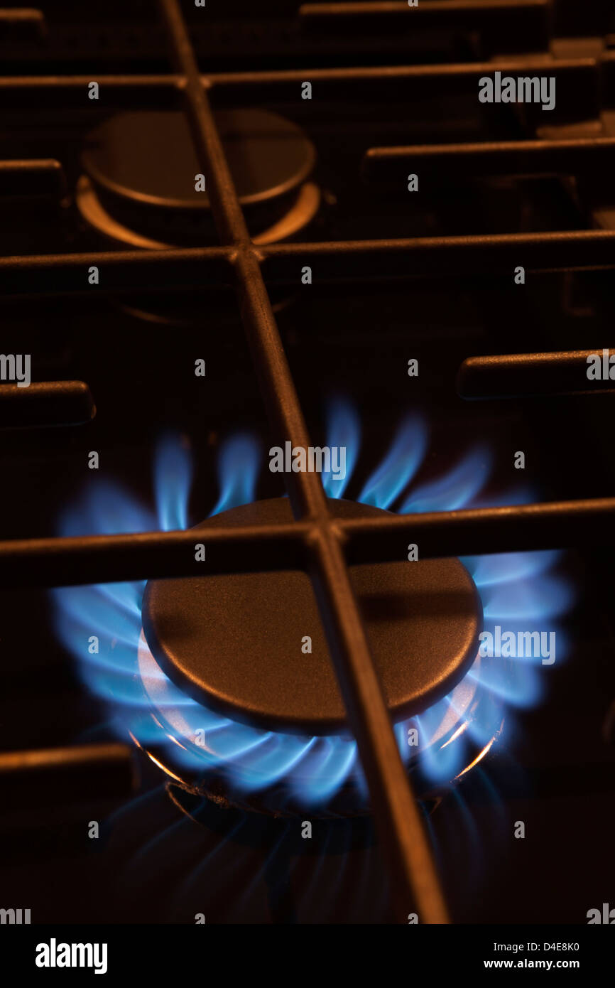 BLUE FLAME OF LIT GAS BURNER RING ON STOVE RANGE TOP Stock Photo Alamy
