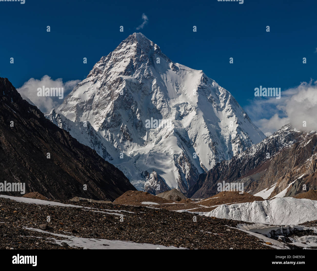 High Resolution photo of K2 8611m is the second-highest mountain on Earth, K2 is the highest point of the Karakoram Range. Stock Photo
