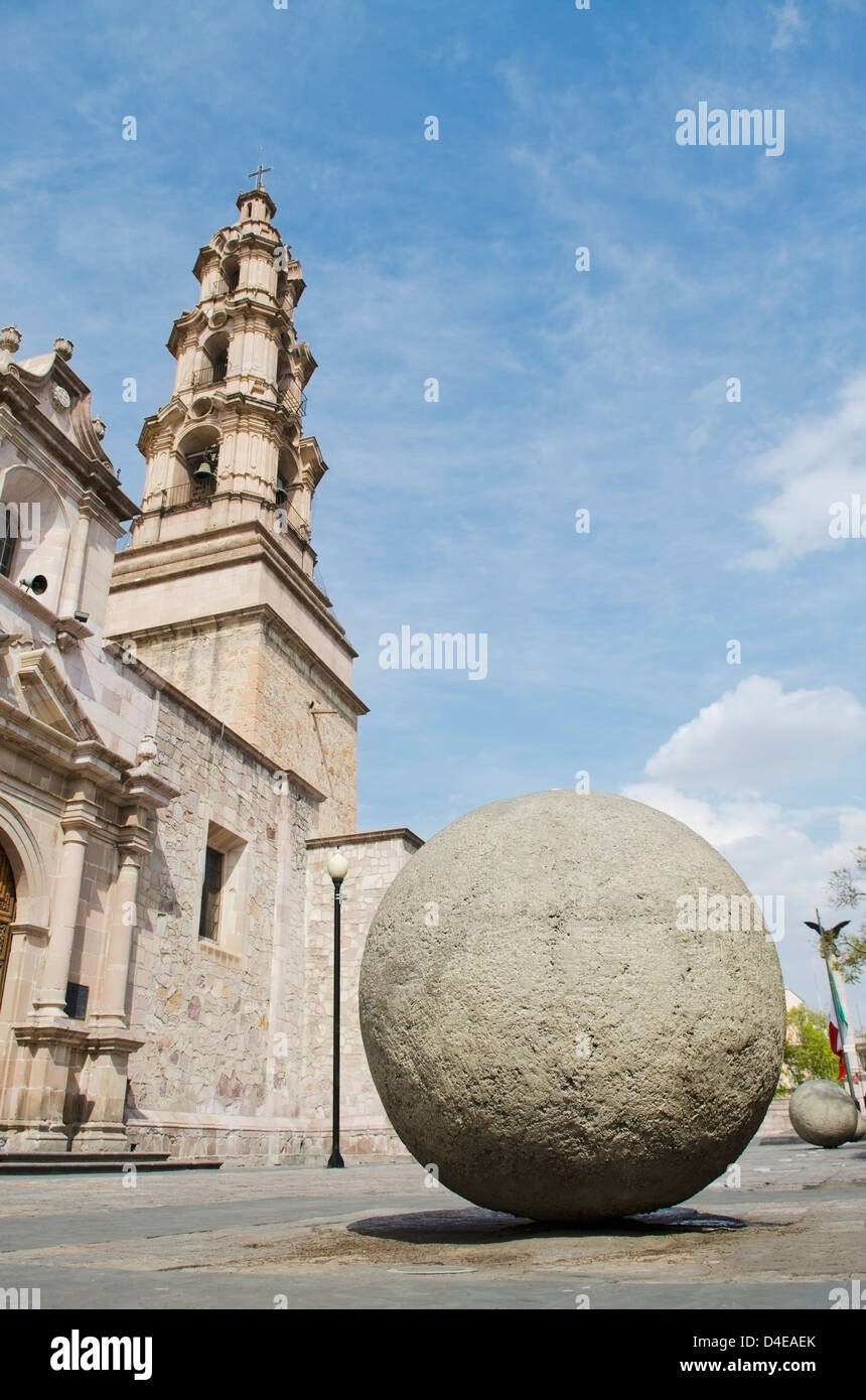 Large concrete sphere outside of Cathedral Basilica in Plaza de La Patria; Aguascalientes, Aguascalientes state, Mexico Stock Photo