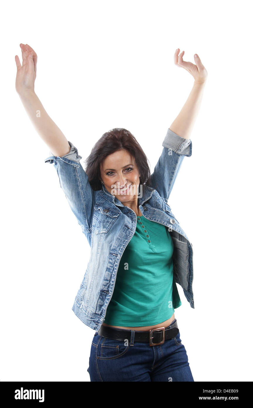 middle aged woman cheering with raised arms Stock Photo - Alamy