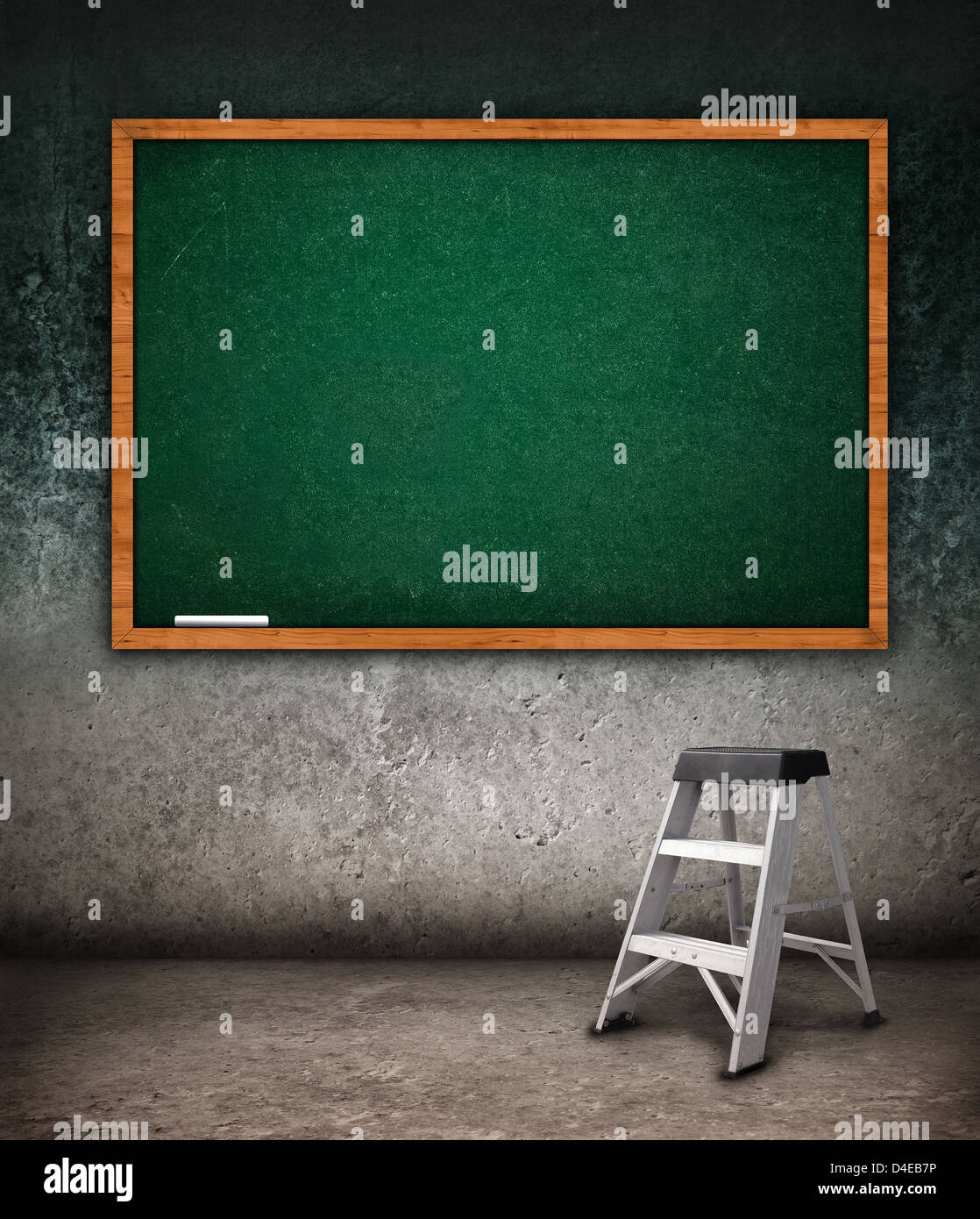Tabula rasa, empty chalkboard hanging on old obsolete wall, lot of copy space for your writing. Stock Photo