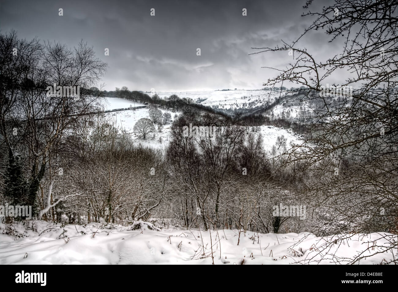 A snowy winter scene from the Rhymney Valley in Wales in the United Kingdom. Stock Photo