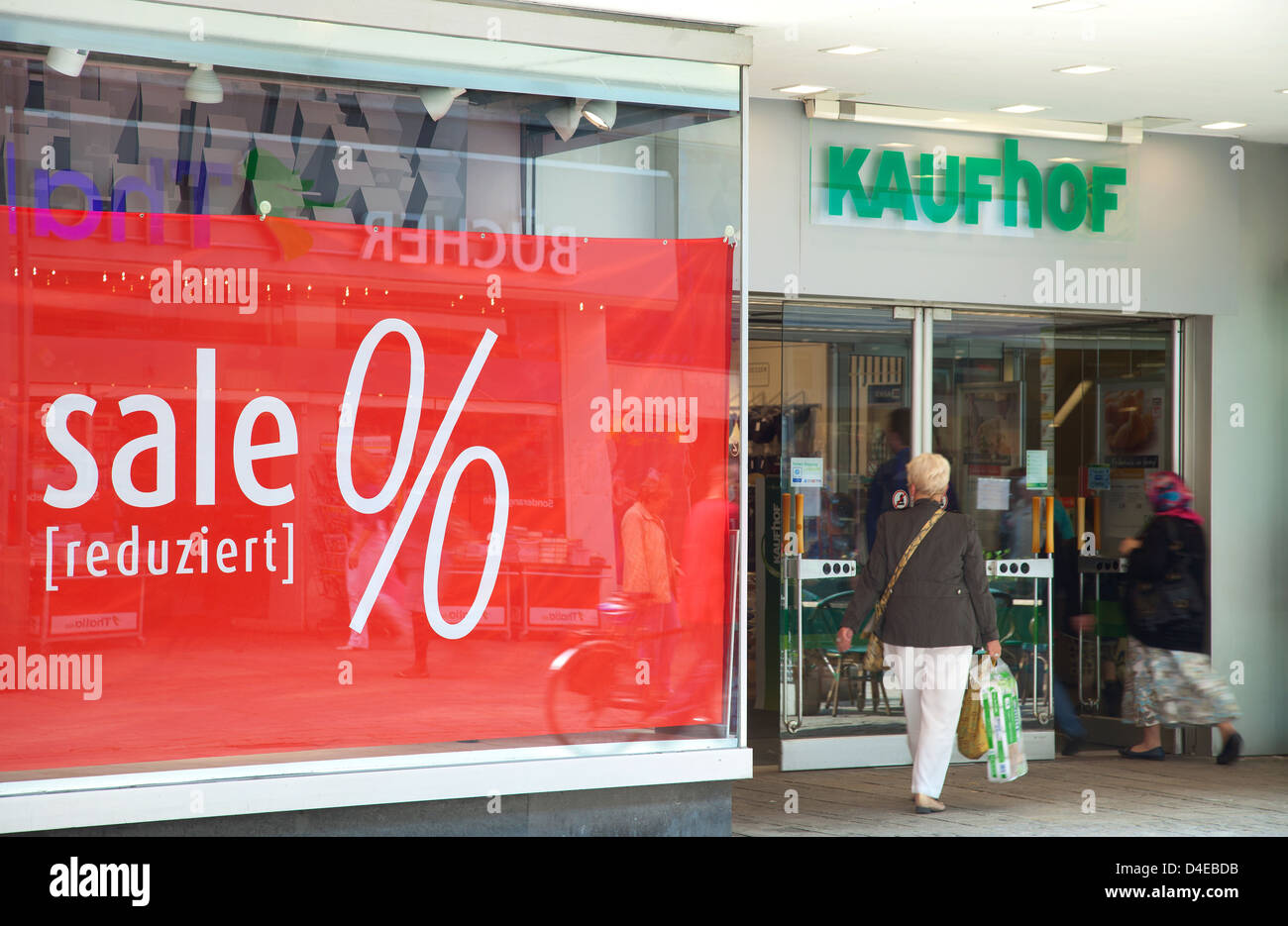 Oberhausen, Germany, Galeria Kaufhof store with sale posters Stock Photo