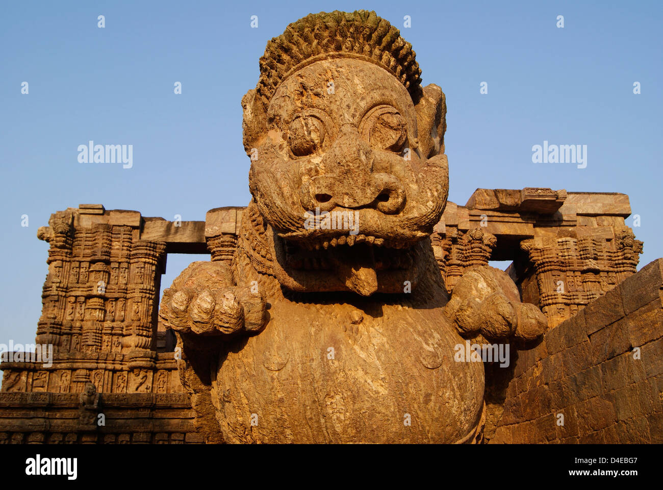Lion Statue of Konark Temple India. Mythical Lion ( Protector of Konark Sun Temple ) Stone carved sculpture detail front view Stock Photo