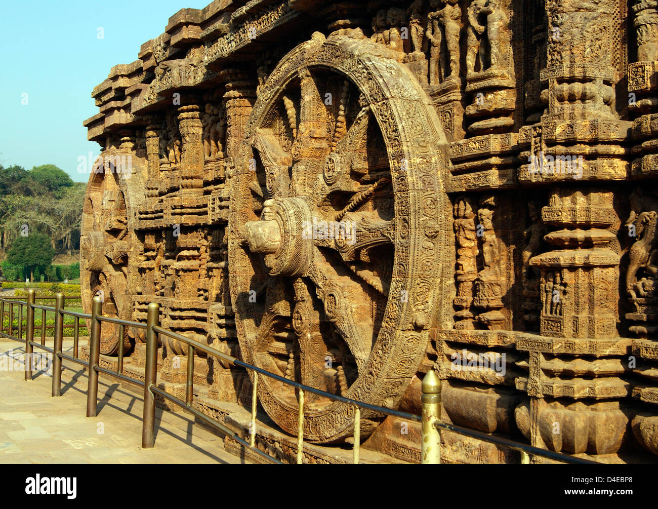Carved Sandstone Chariots Wheels View on Konark Sun Temple. Chariot Wheel of Konark Temple resemble Sun God Chariots Stock Photo