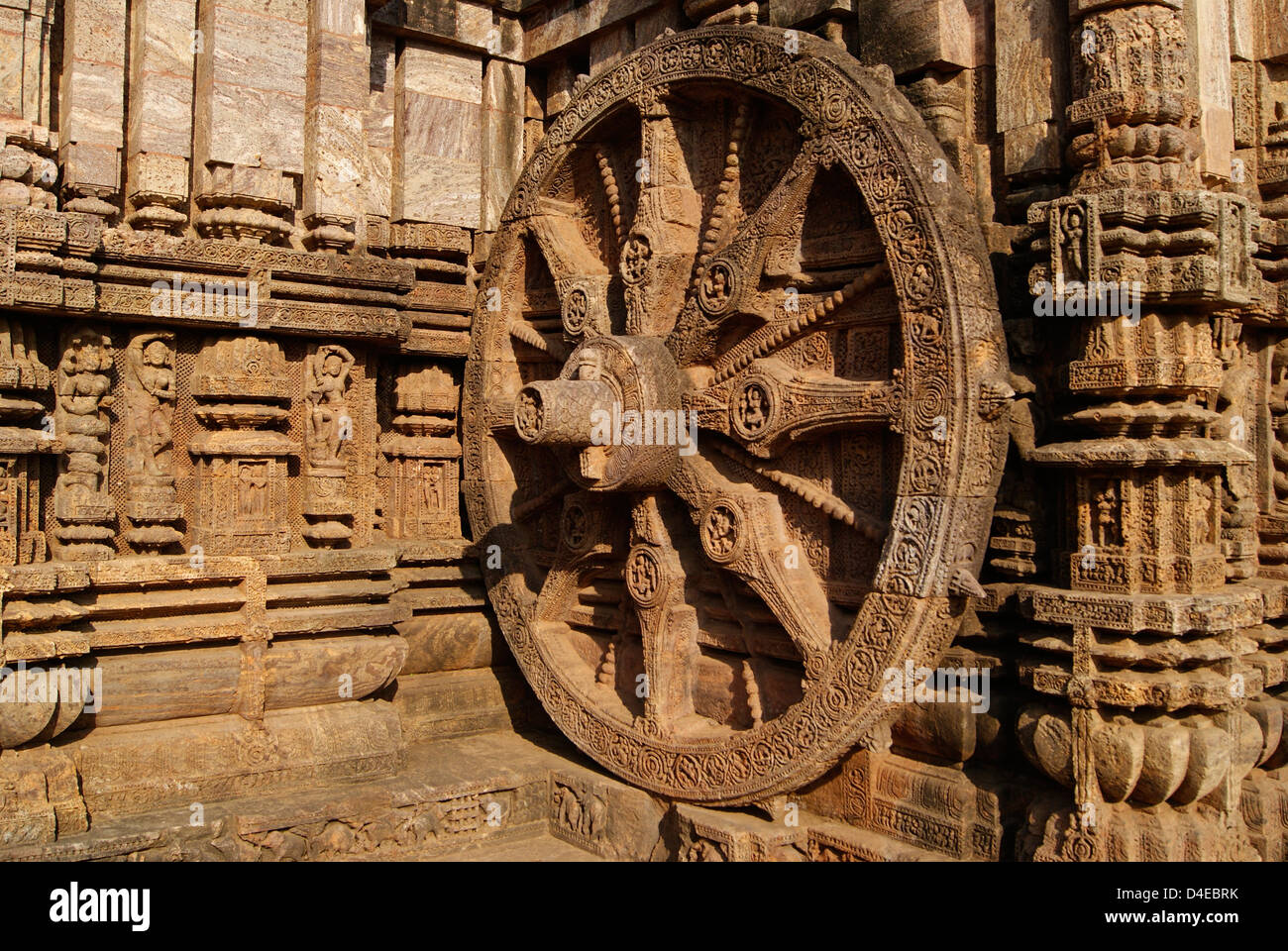 Chariot Wheel at Konark Sun Temple. Konark Temple 13th Century Stone carving arts on Konark Wheel Stock Photo