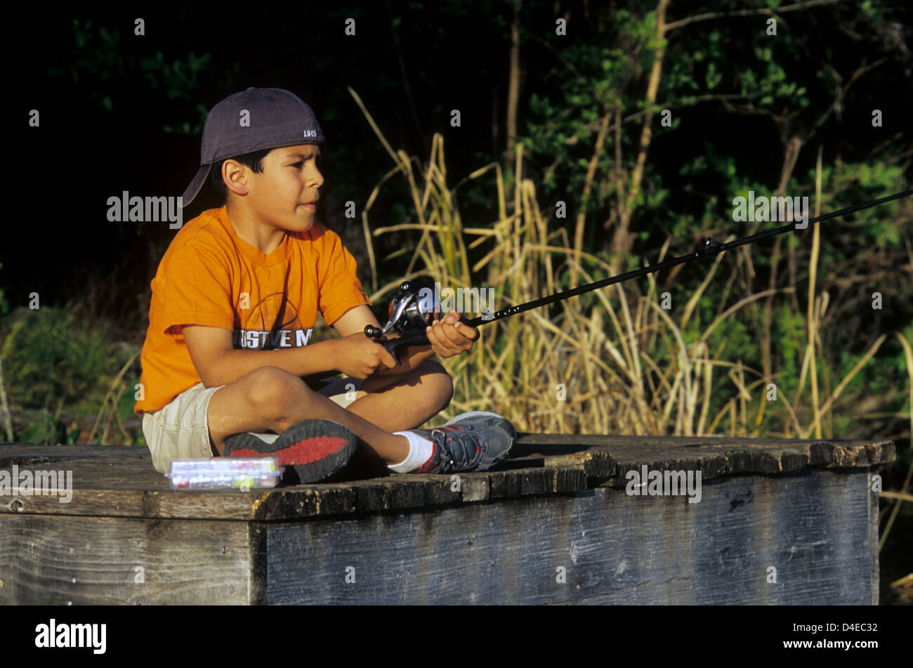 Young boy fishing from a dock on a small pond Stock Photo