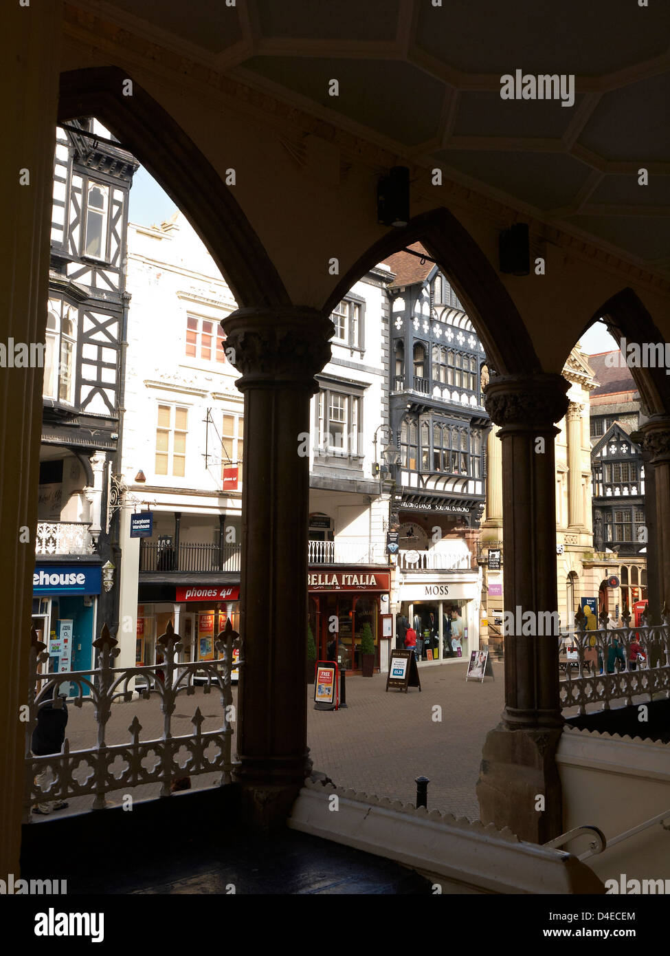 View into Eastgate street as seen from The Rows in Chester Cheshire UK