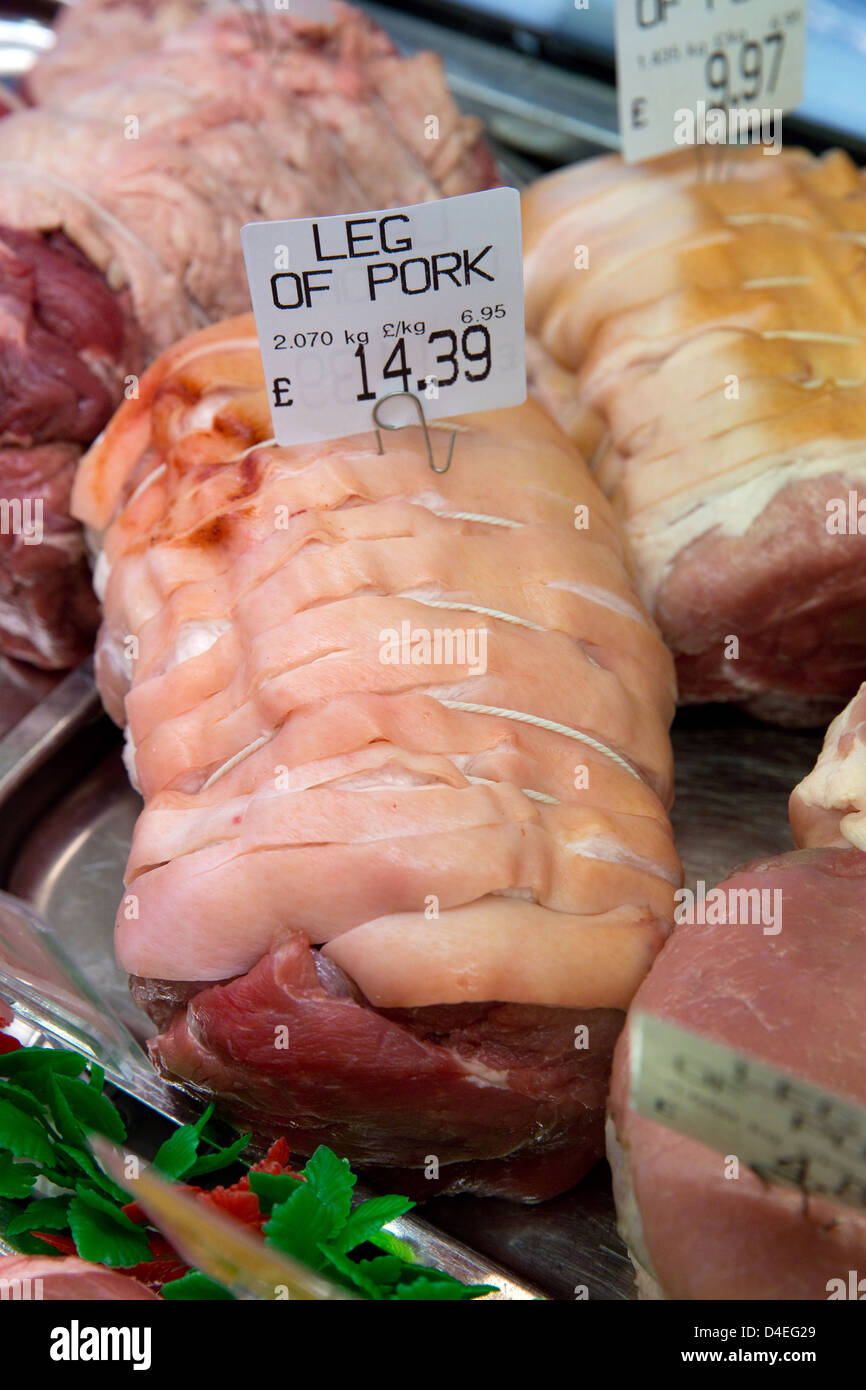 Leg of Pork in a butchers shop Stock Photo