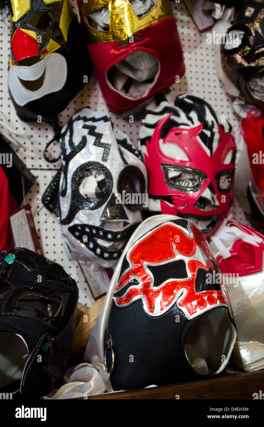 Luchador masks in a Oaxacan artisans' cooperative. Stock Photo