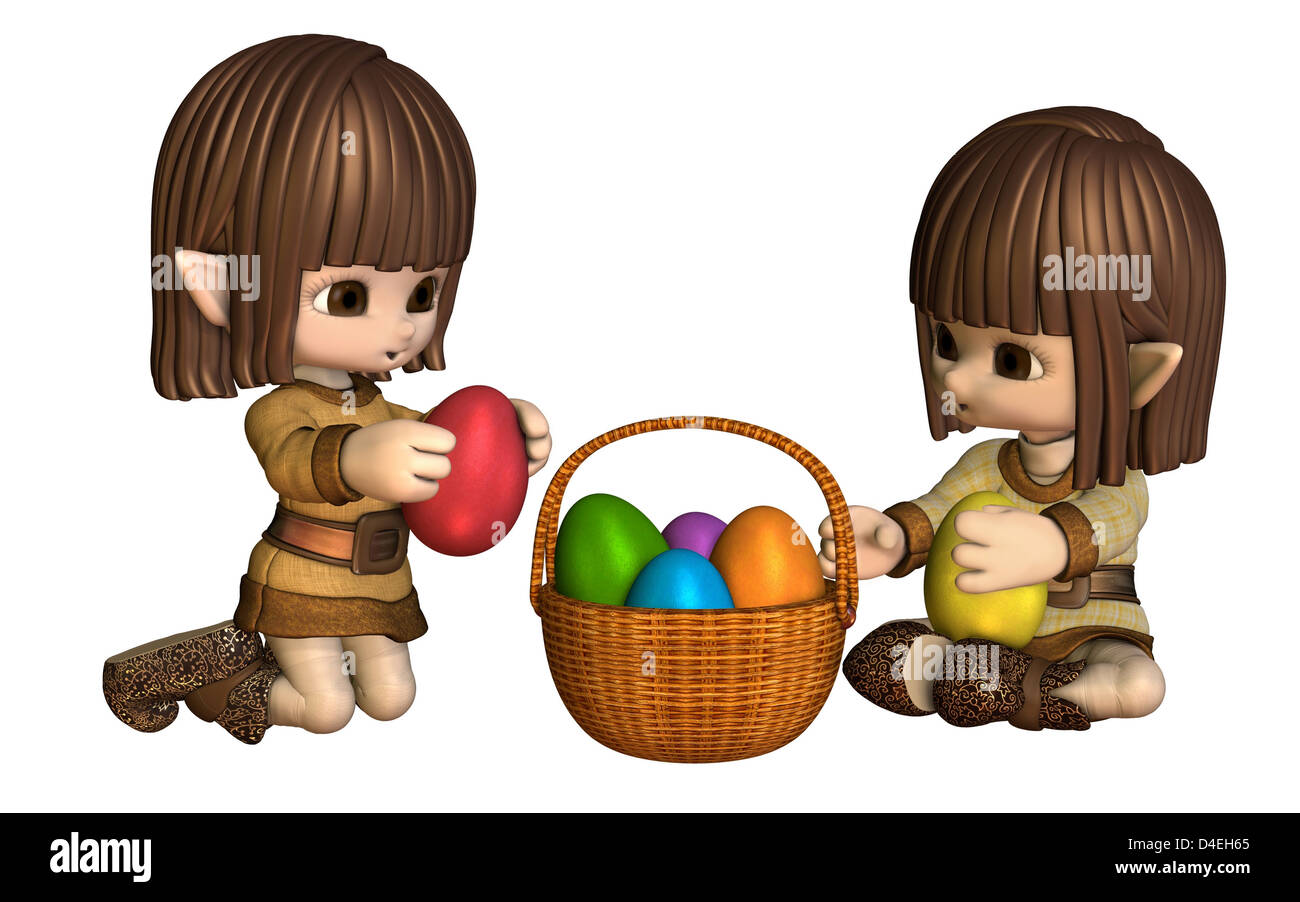 Cute Toon Easter Elves with Basket of Eggs Stock Photo - Alamy