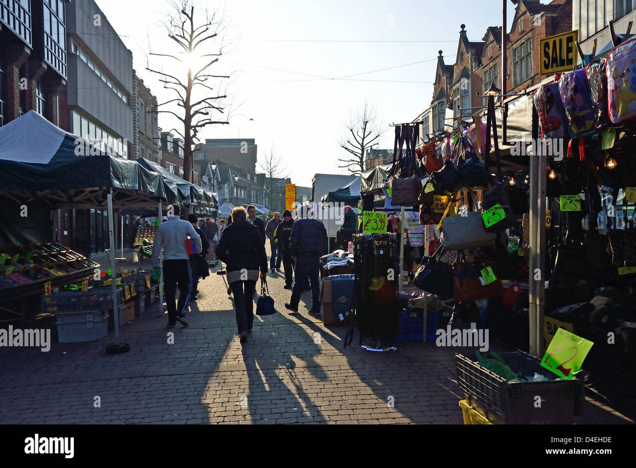 Street market in winter, High Street, StainesuponThames, Surrey, England, United Kingdom Stock Street market in winter, High Street, StainesuponThames, Surrey, England, United Kingdom Stock