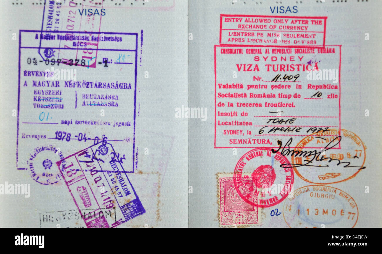 Still life of stamps in a passport, Surrey, England, United Kingdom Stock Photo