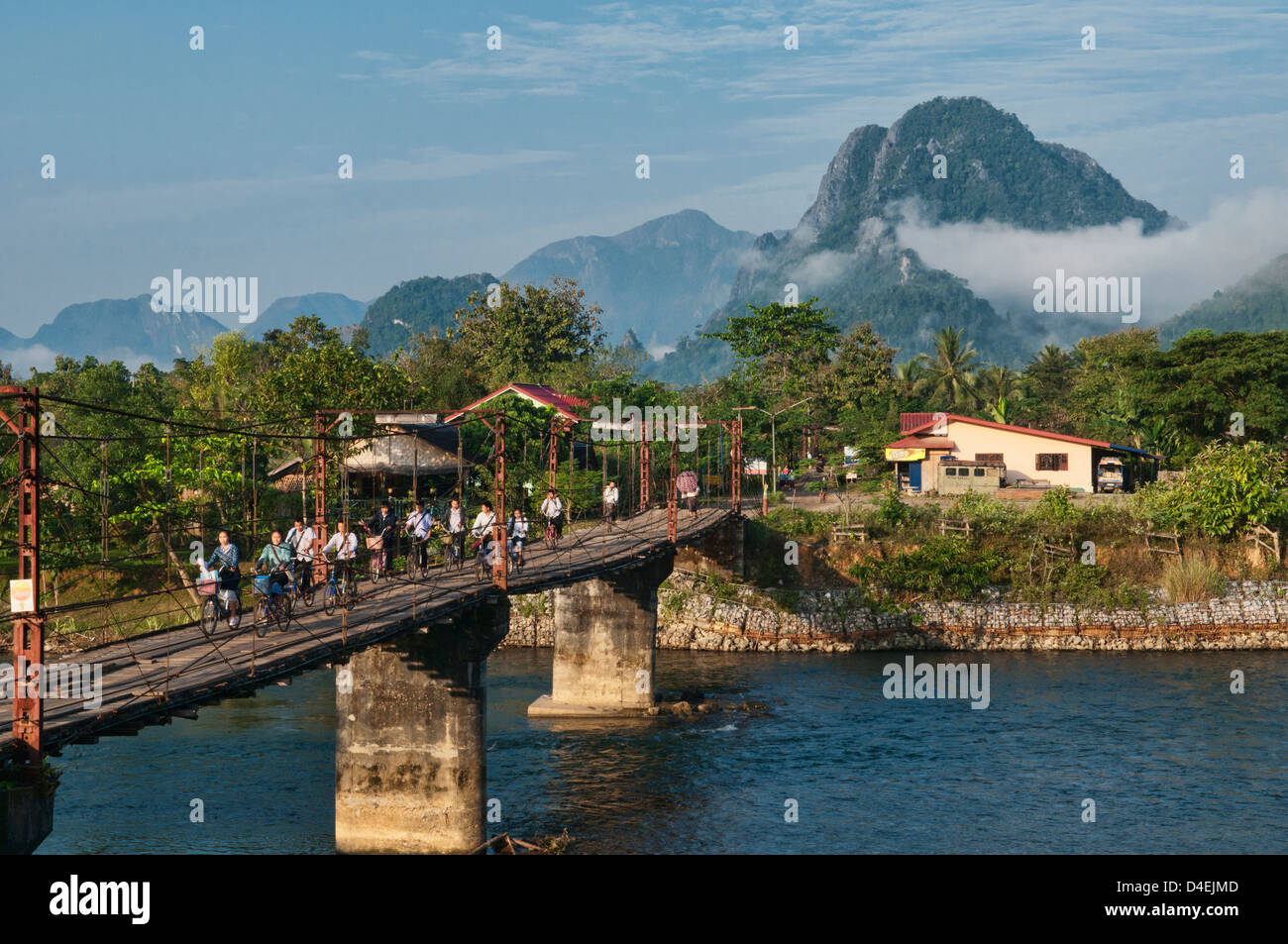 bridge over the Nam Song River in Vang Vieng, Laos Stock Photo