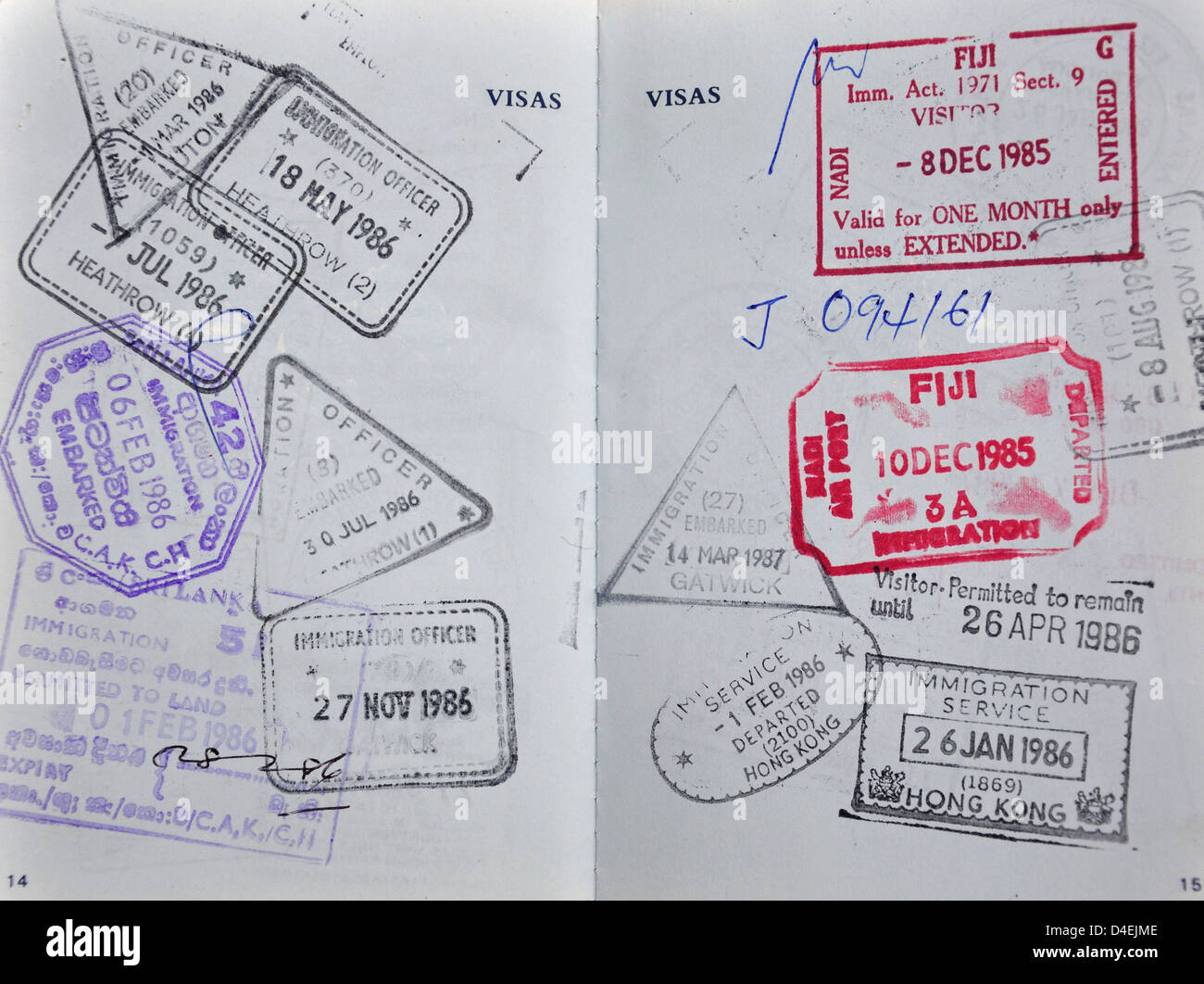Still life of stamps in a passport, Surrey, England, United Kingdom Stock Photo