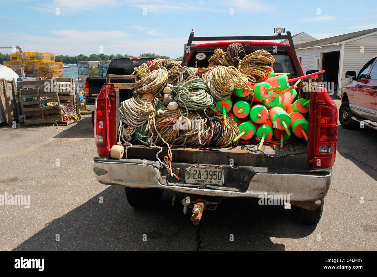 Truck full of buoys and rope, in the lobstering community of Friendship, Maine Stock Photo