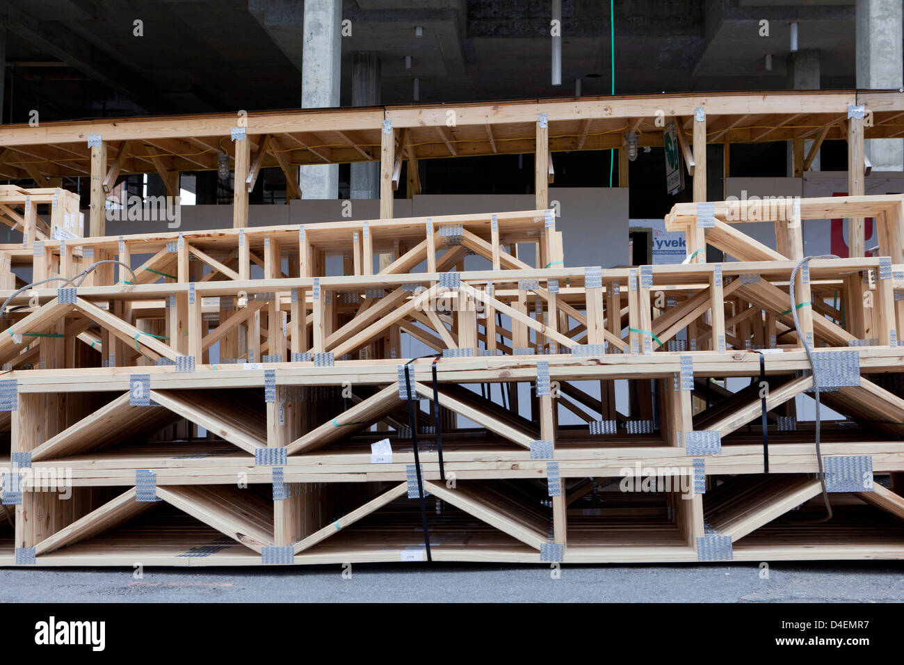 Prefabricated lumber framing at construction site Stock Photo