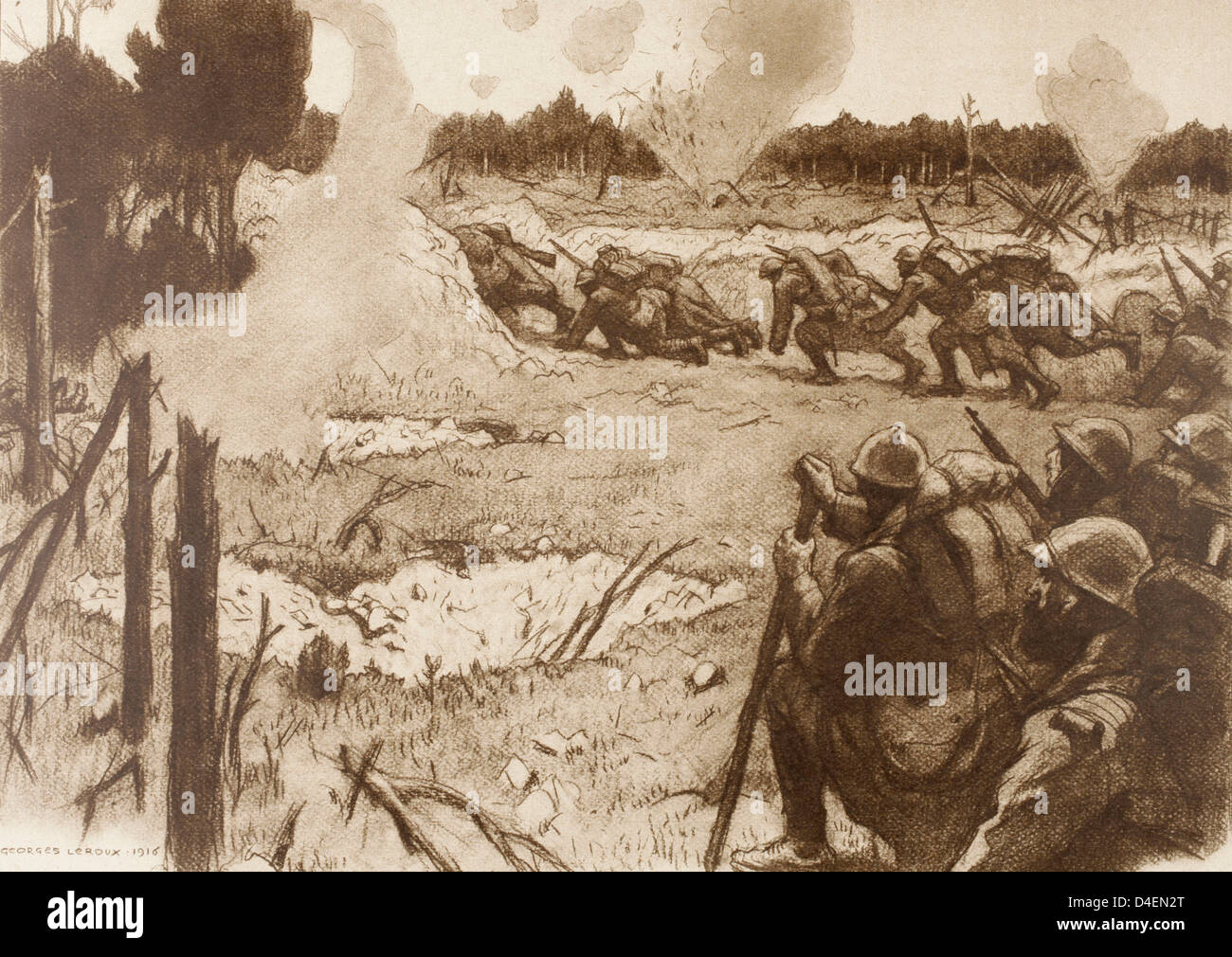 French troops moving forward under artillery fire. From L'Illustration, 1916. Stock Photo