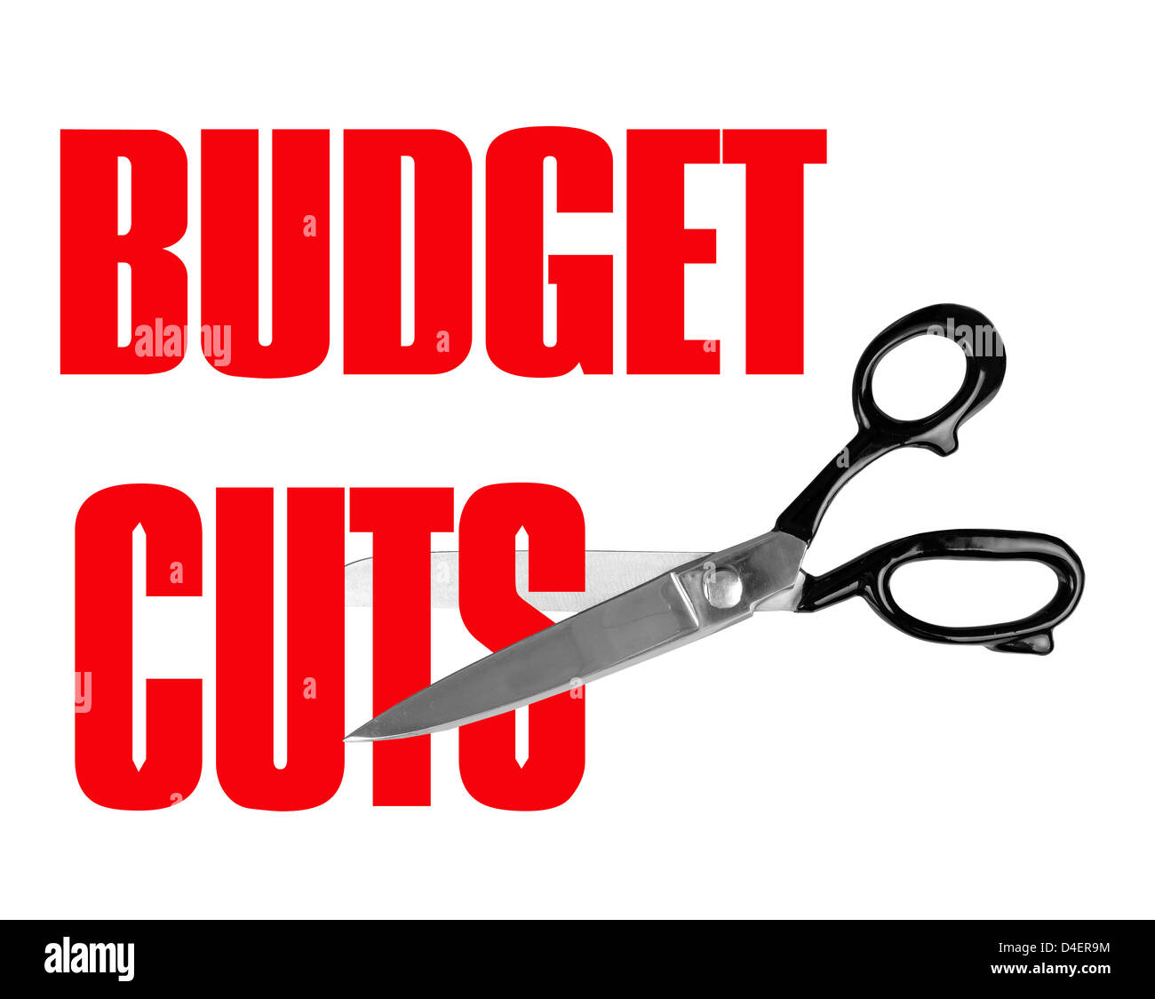Scissors cutting budget, white background Stock Photo