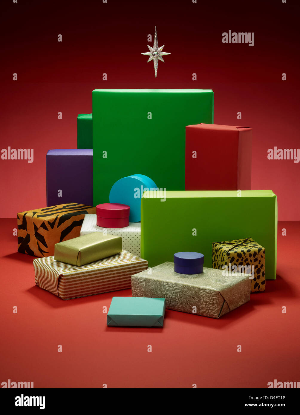 Stack of wrapped Christmas presents Stock Photo