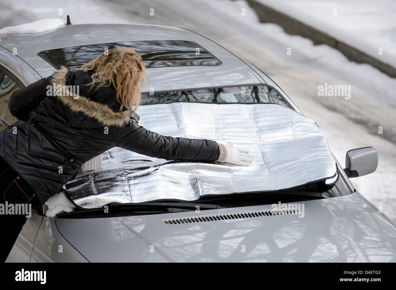 A woman places a antifreeze tarpaulin onto the windshield of a car